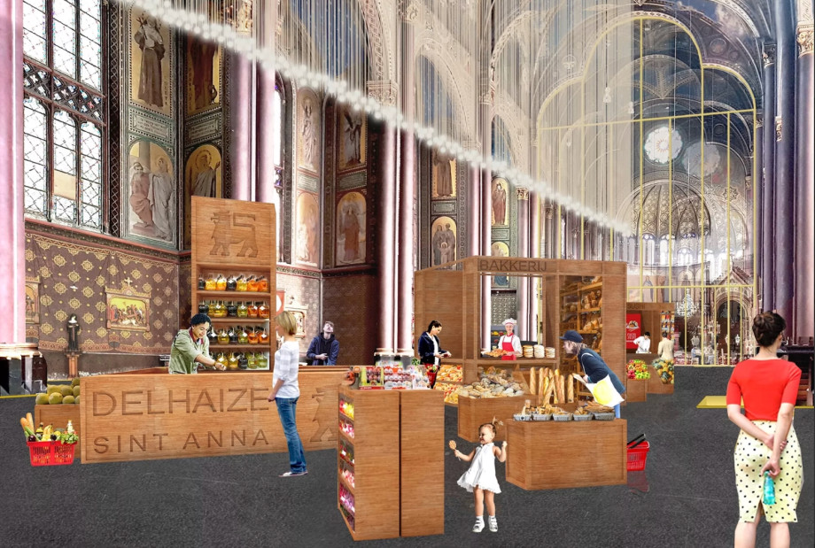 Virtueel beeld van de binnenkant van de Sint-Annakerk, met wijnbar, winkel en afscheiding voor het koor met altaar.