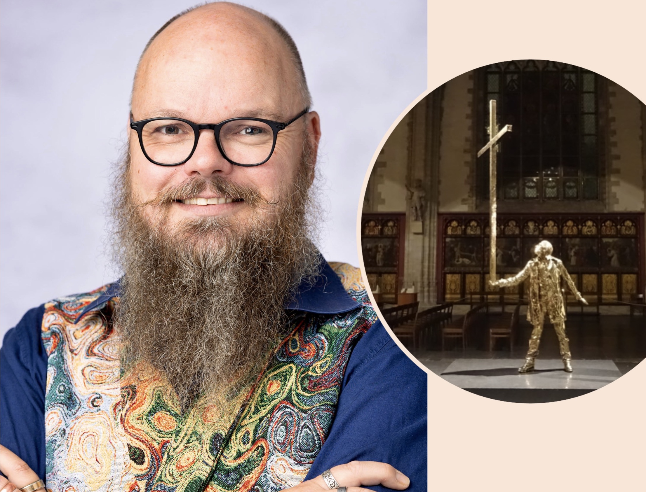 Portret Frank Bosman met uitsnede van het kunstwerk van Jan Fabre 'De man die het kruis draagt' in de kathedraal van Antwerpen.