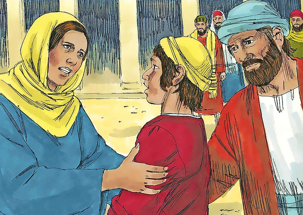 Na drie dagen zoeken vinden Jozef en Maria Jezus in de tempel bij de wetgeleerden. Wanneer zijn moeder hem vermaant, antwoordt Jezus dat hij in het huis van zijn vader moest zijn. © Creative Commons / Sweet Publishing / Jim Padgett