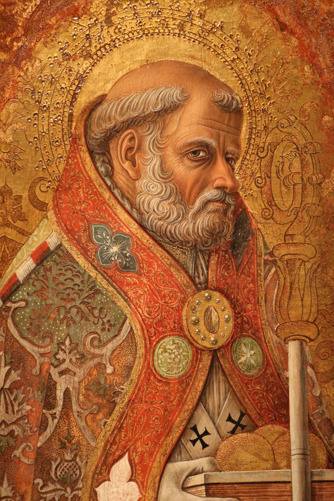 Sint-Nicolaas van Myra op een 15de-eeuws schilderij van de Venetiaan Carlo Crivelli.