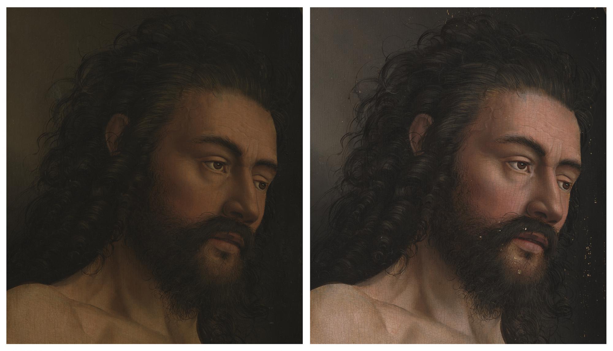 Detail van het hoofd van Adam voor (links) en na (rechts) behandeling.