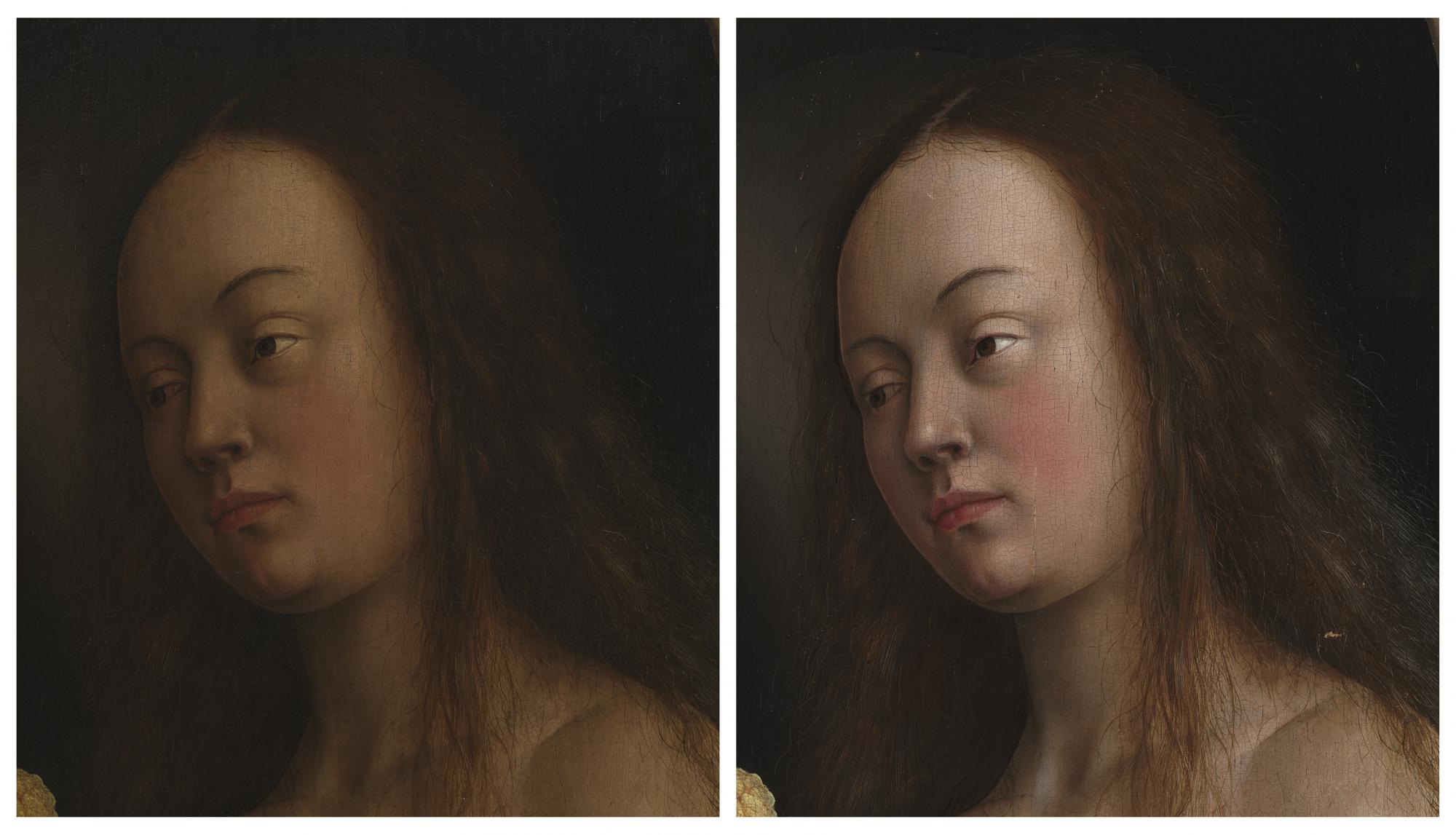 Detail van het hoofd van Eva voor (links) en na (rechts) behandeling.