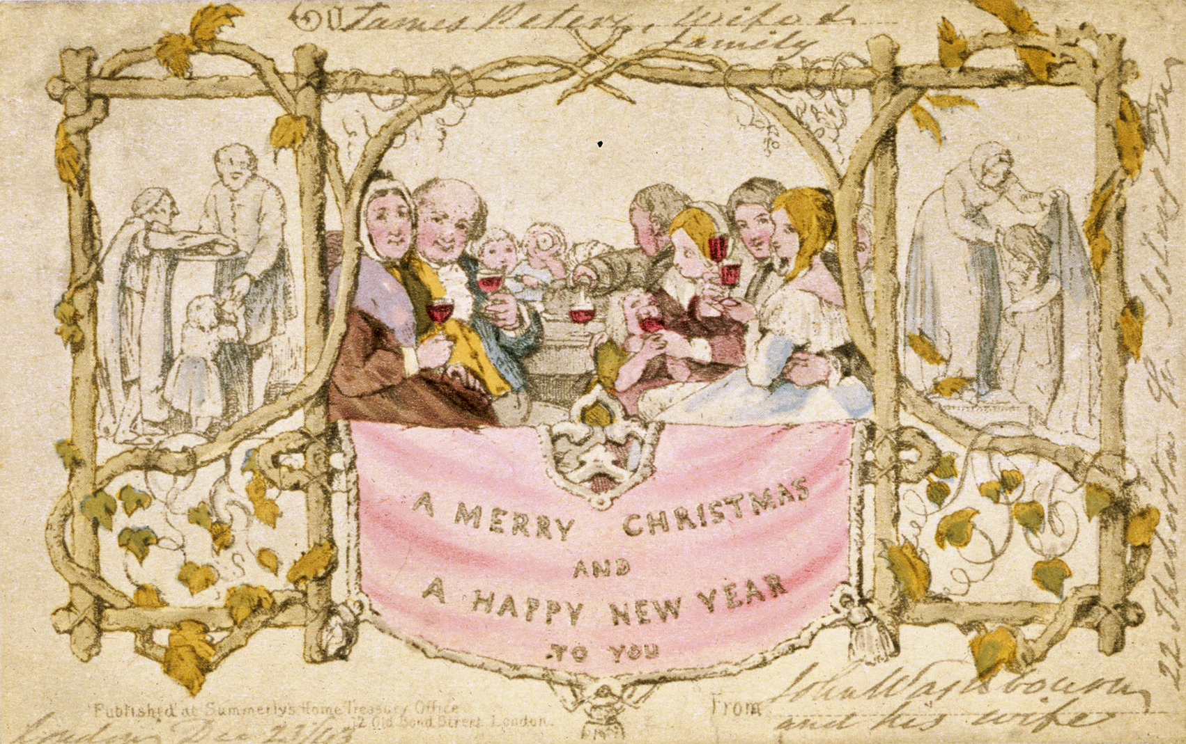 De eerste commerciële kerstkaart, in 1843 te koop in Londen.
