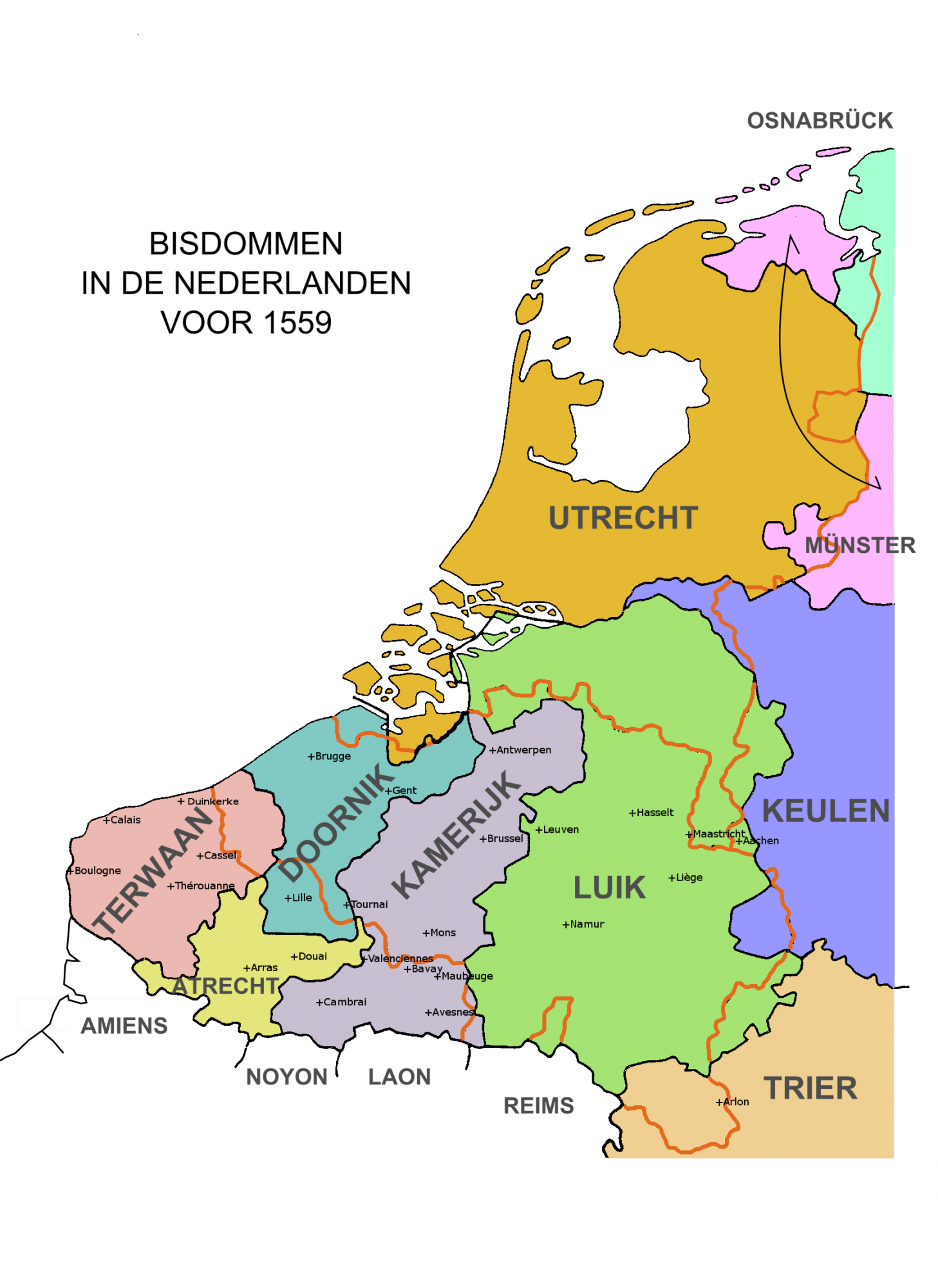Kaart van de bisdommen in het grondgebied van het moderne België en Nederland voor 1559
