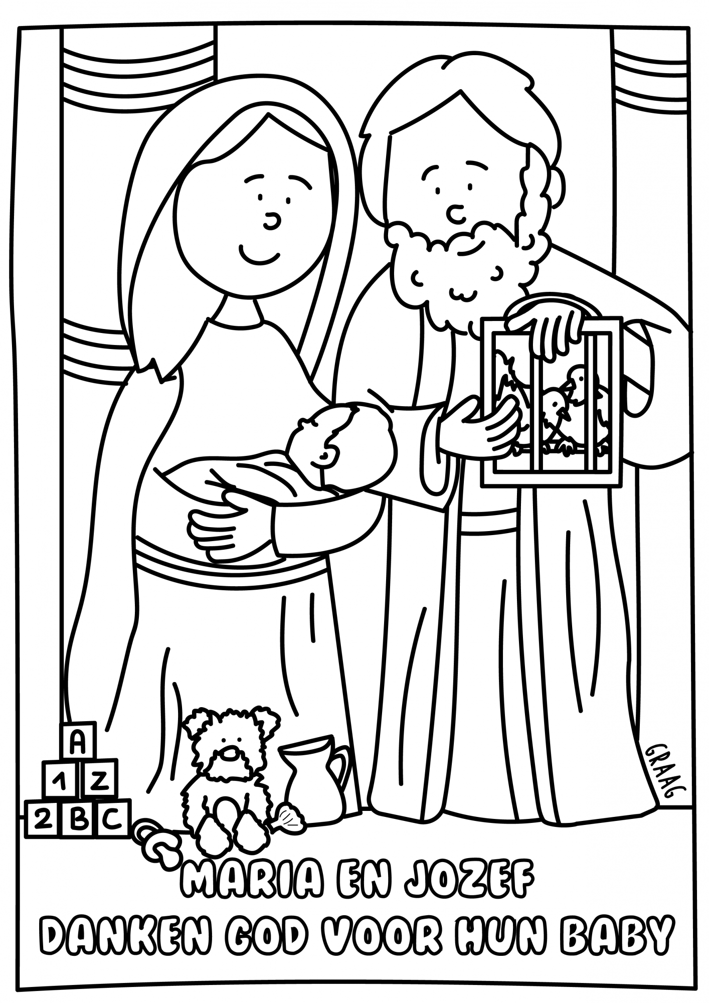 Kleurplaat Maria en Jozef gaan naar de tempel om Jezus op te dragen aan God.