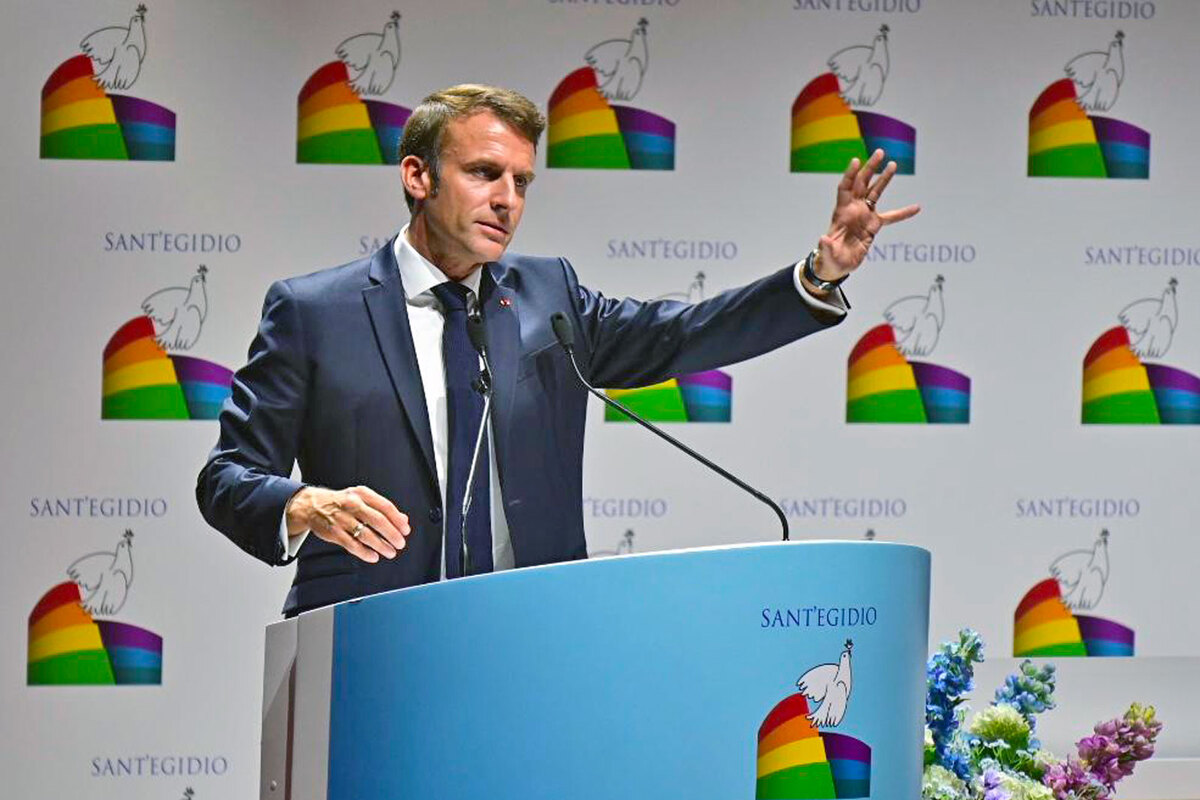 De Franse president Emmanuel Macron hield op de vredesconferentie van Sant’Egidio in Rome een prangend betoog