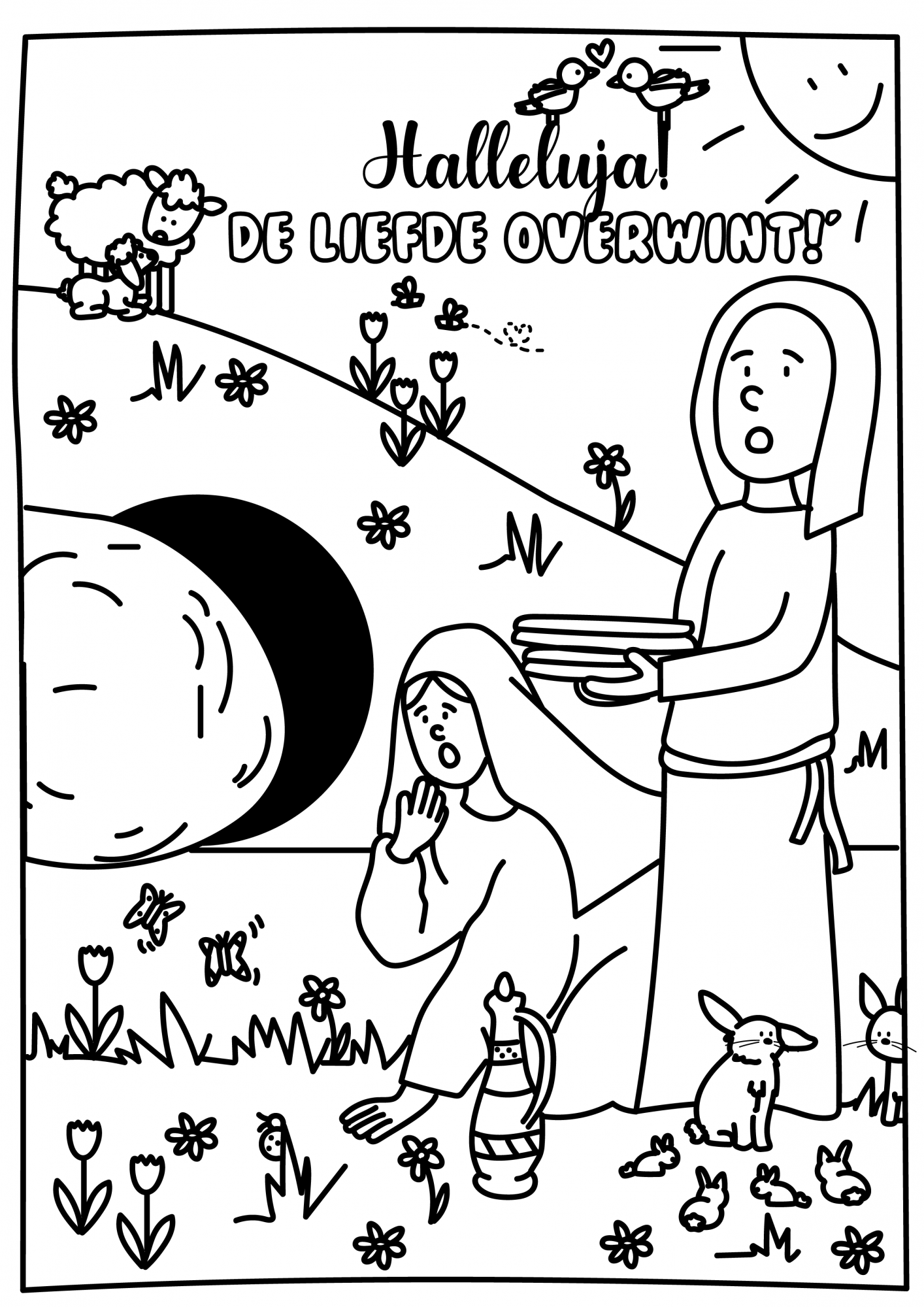 Maria Magdalena en Jezus' moeder schrikken als ze zien dat het graf leeg is. Waar zijn ze met Jezus' lichaam naartoe? De dieren weten het al. Zie je hoe blij ze zijn? 