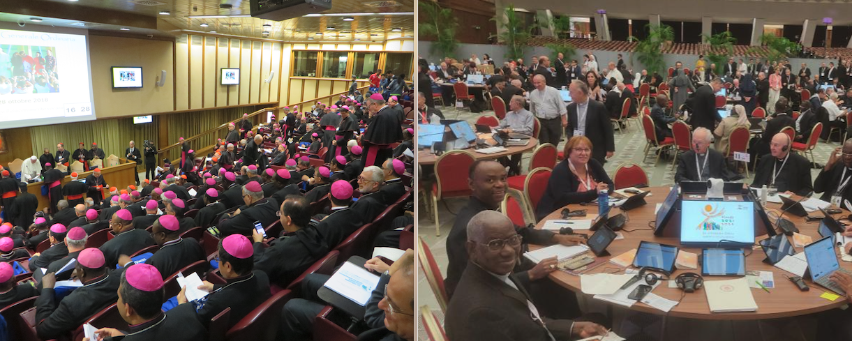 Een sprekend beeld: links de jongerensynode van 2018, rechts de synode nu.